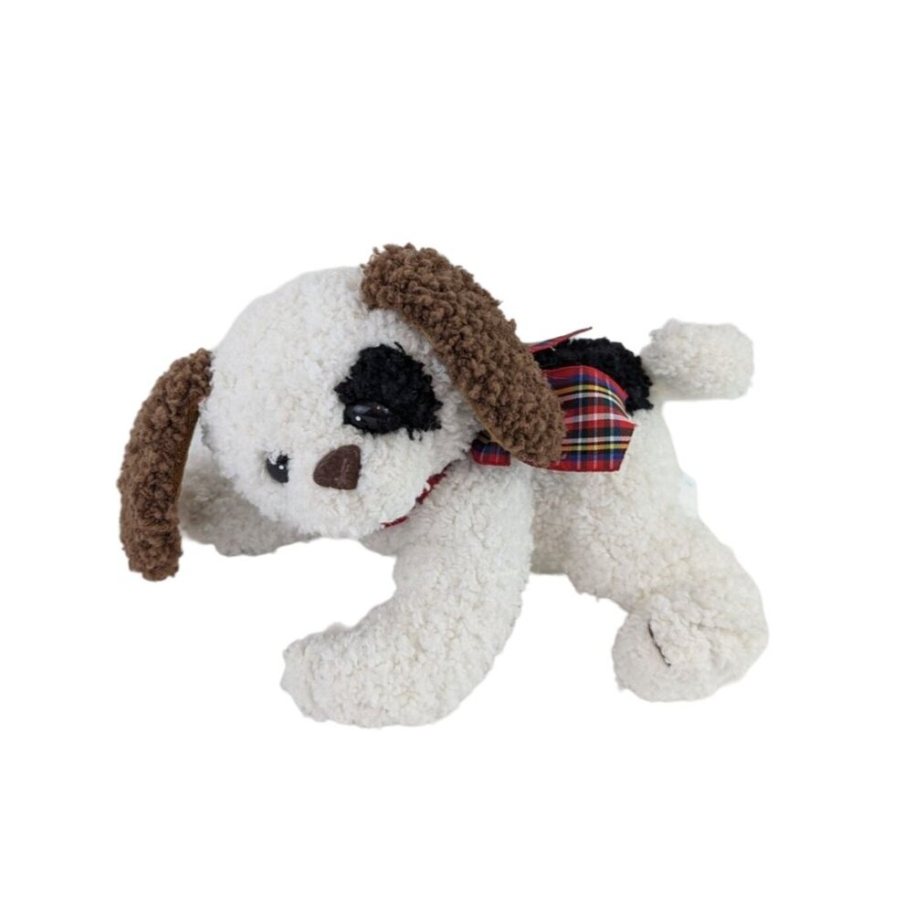 Pup E. Dogs Plush 8" White Puppy Curly Fur Stuffed‎ Toy Eye Patch Red Plaid Bow